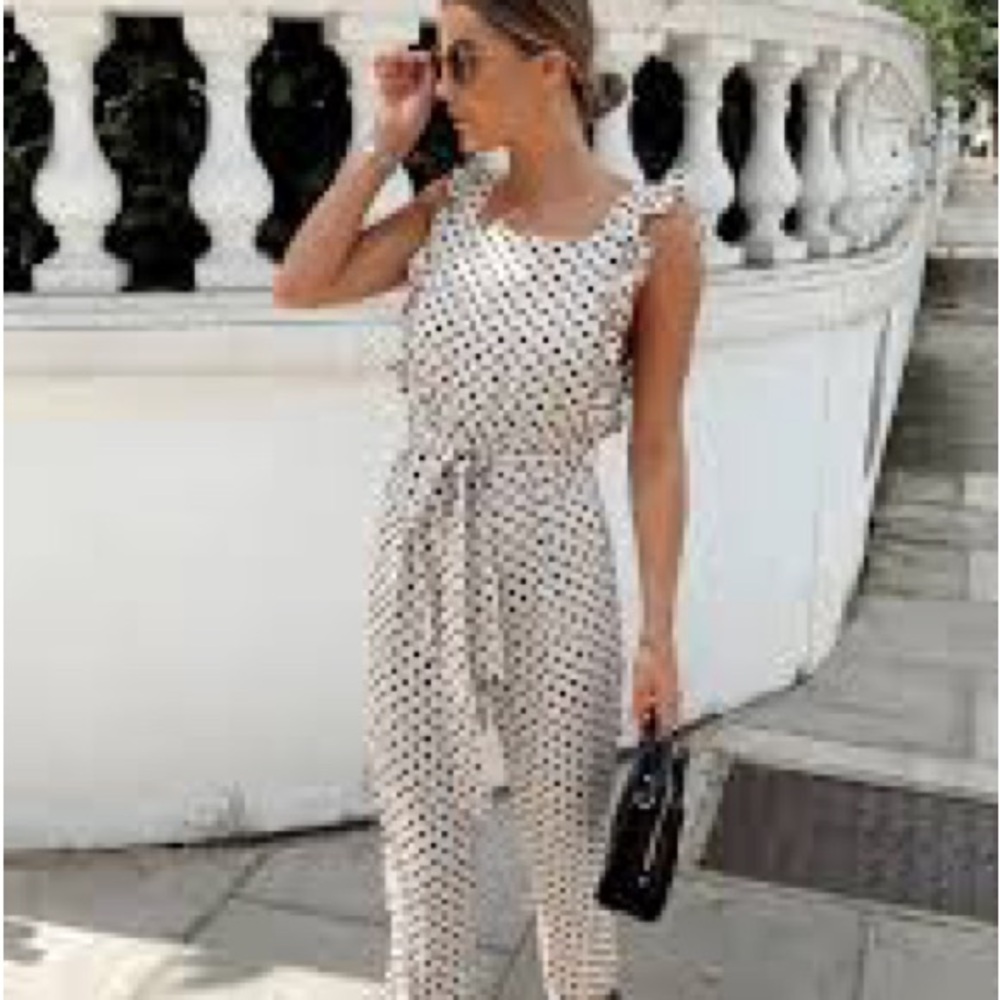 NWT Euro Summer Polka Dot Jumpsuit w/ Ruffled Strap Detail Flirty Open Back